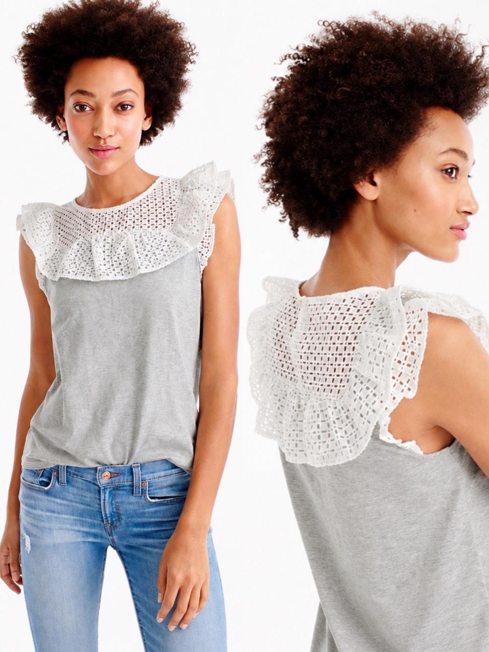 J Crew Eyelet Ruffle Bib Top White Lace Collar Heather Gray Blouse Shirt
